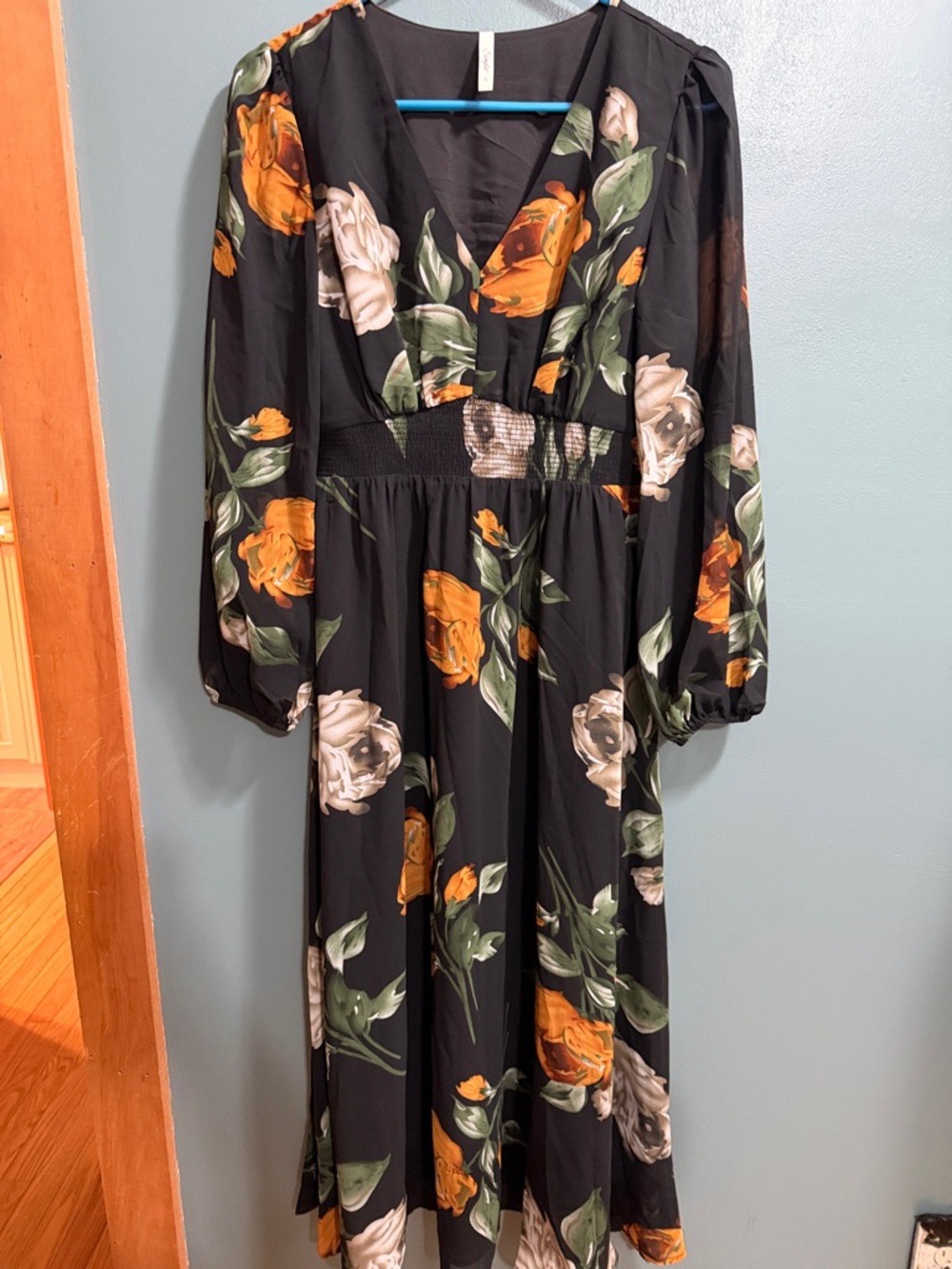 Simplee Apparel Black Maxi Dress with Orange and Cream Floral Print